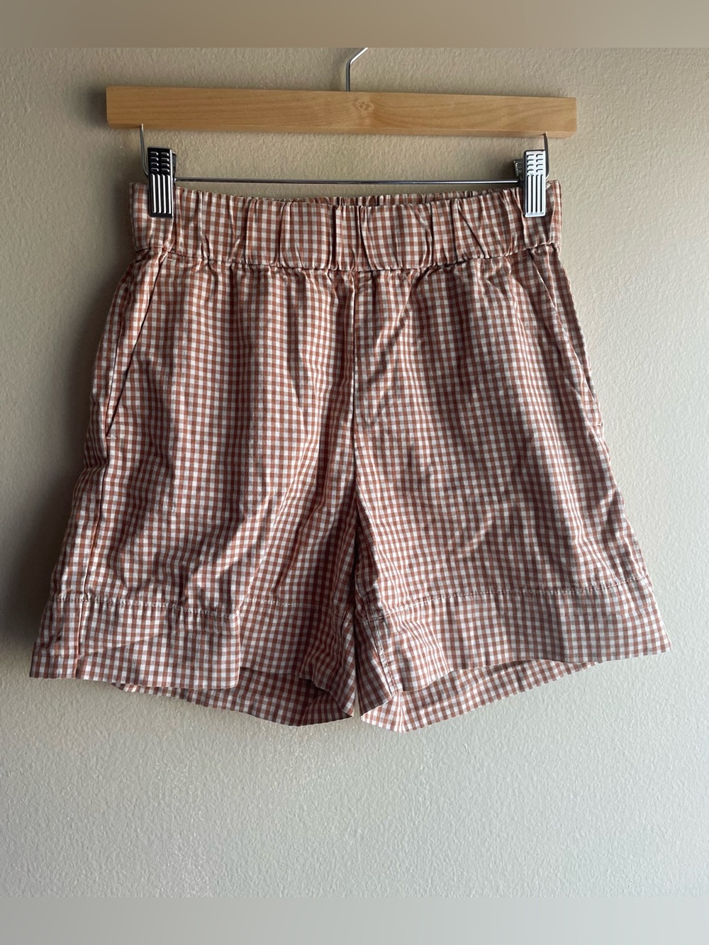 Everlane Brown and White Gingham Elastic Waist Shorts Size 0